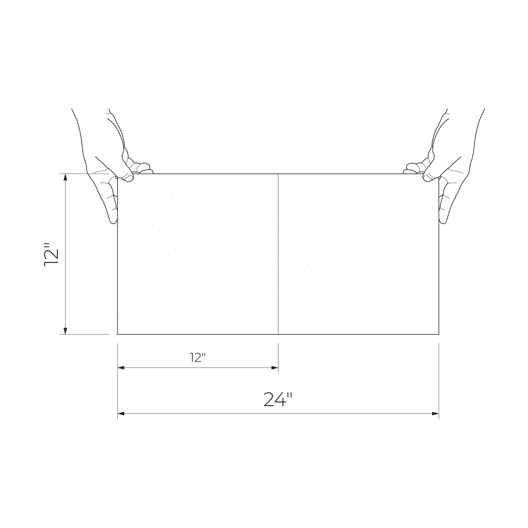 Bafia White 12x24 Semi-Matte/Glimmer Ceramic Structure Décor 2 Wall Tile shown flat with hands holding edges and dimensions marked.