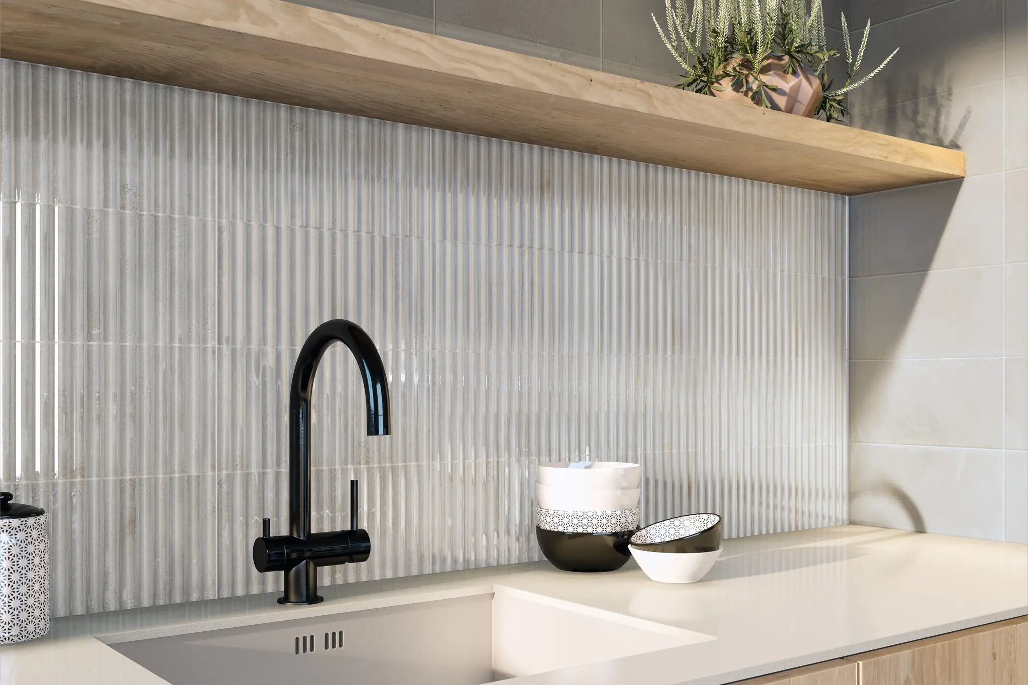 Incurve Fluted Mist White 6x12 Glossy Ceramic Wall Structure Tile