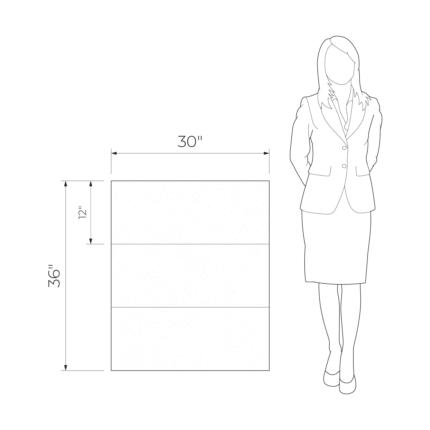 Mild Garden Mix Color 30x36 Matte Porcelain Wall Decoration showing tile dimensions with a 30x36 inch outline next to a standing woman sketch for scale.