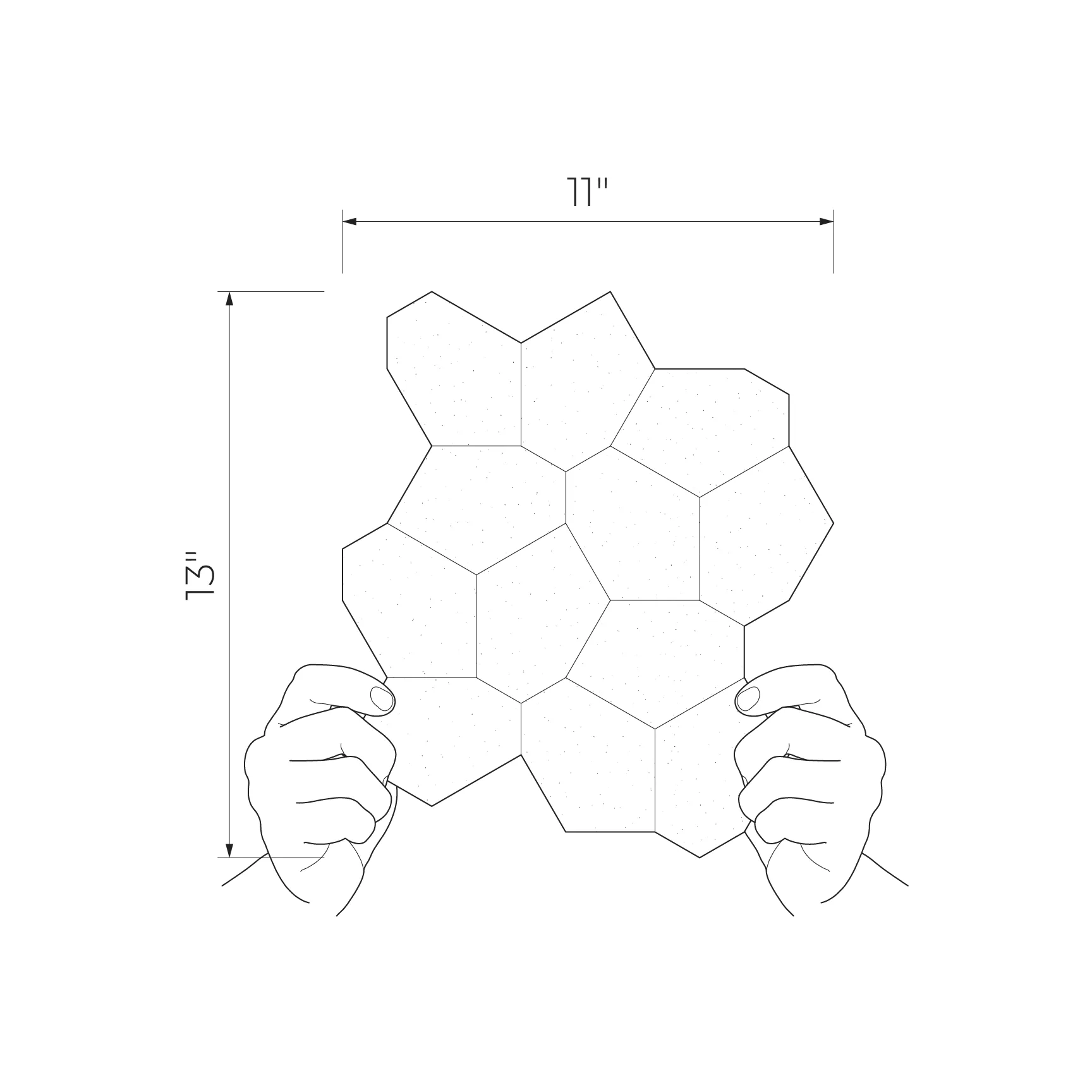 Onice Wood 11x13 Bianco Mini Matte Porcelain Wall Mosaics held by hands with 11x13 inch dimensions shown in line drawing.