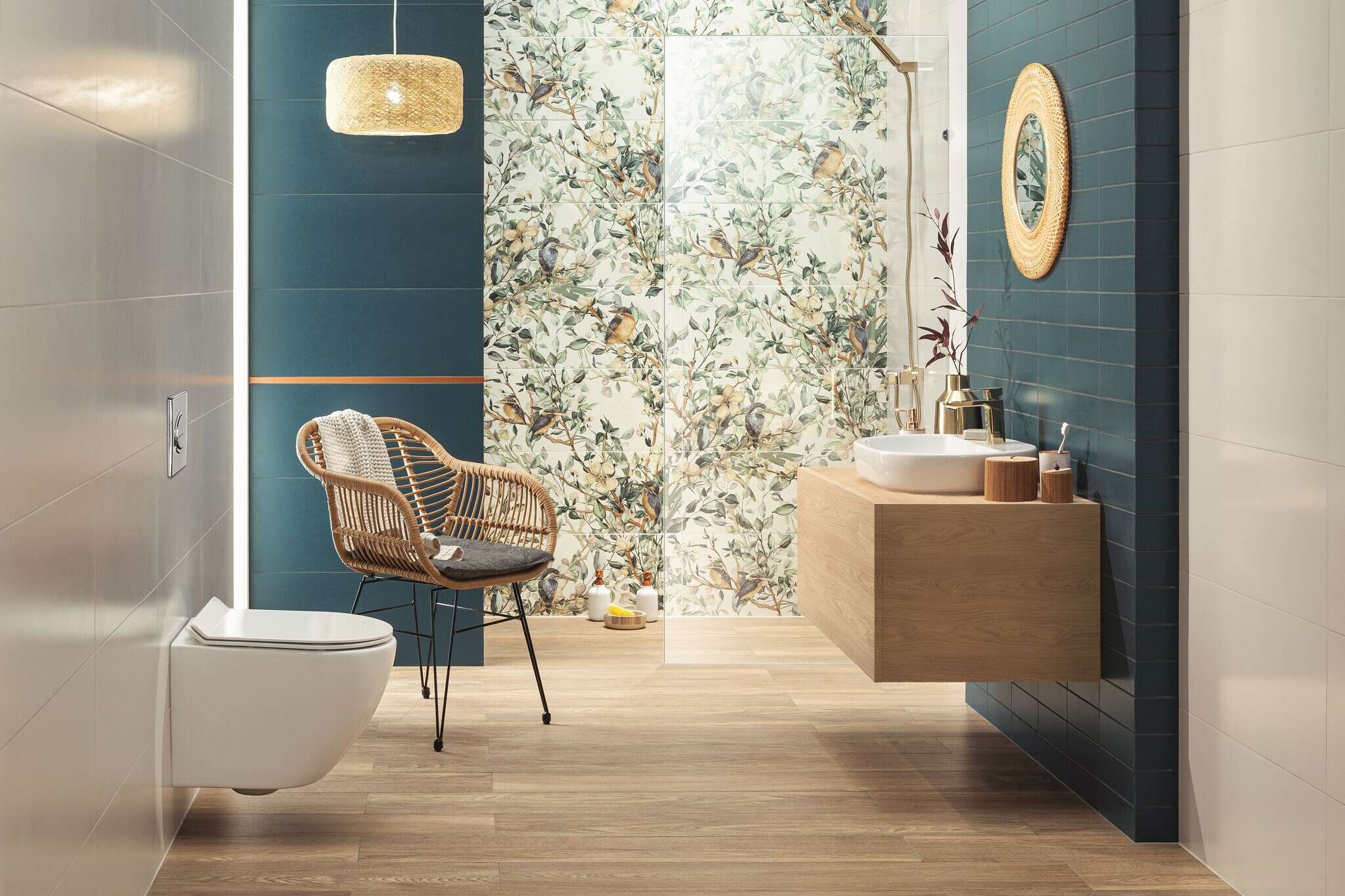 Perla Birds 24x60 Semi-Matte 4-Elements Ceramic Wall Décor Tile (Set of 4 tiles, 12x30 each)