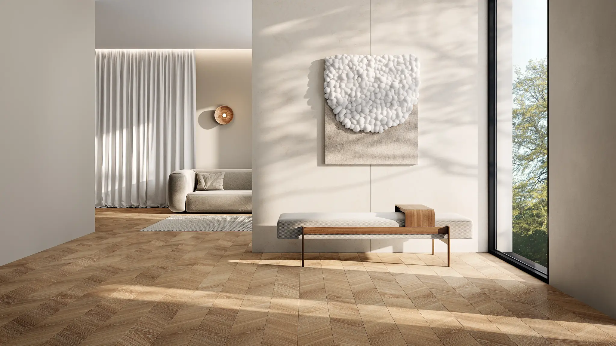 Slant Wood Beige 8x48 Matte Structure Porcelain Tile installed on living room floor with natural light and modern furniture.