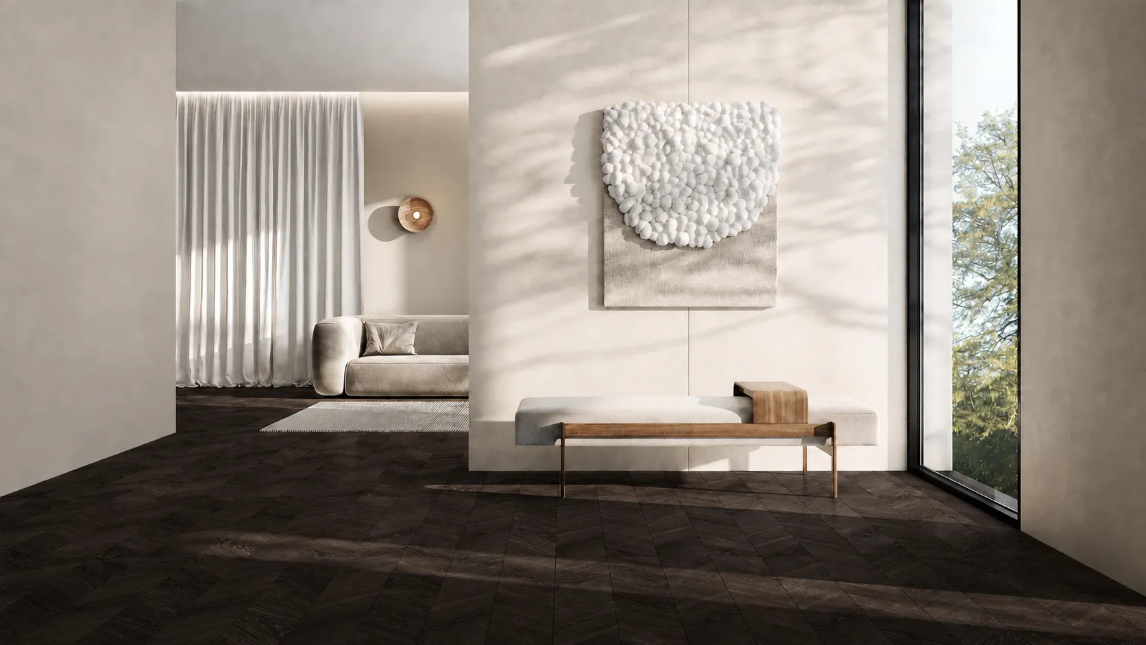 Slant Wood Brown 8x48 Matte Structure Porcelain Tile - Element B installed on a spacious floor with natural light and modern minimalist decor.