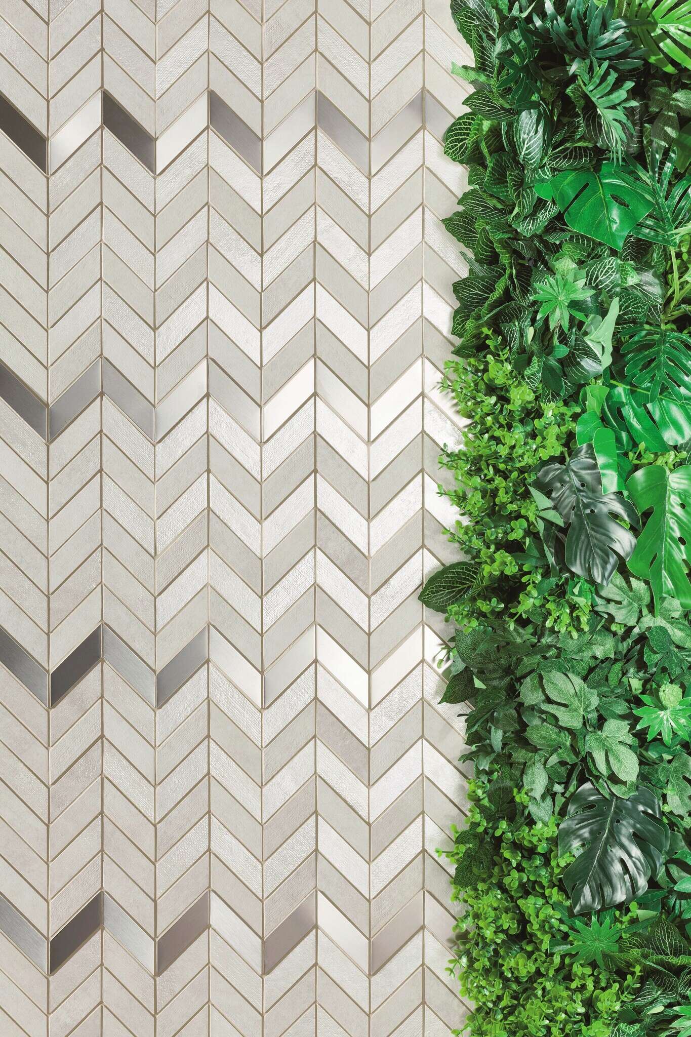 Tasmania Gray 10x12 Matte/Glossy Chevron Ceramic with Brushed Nickel Metal Wall Mosaics