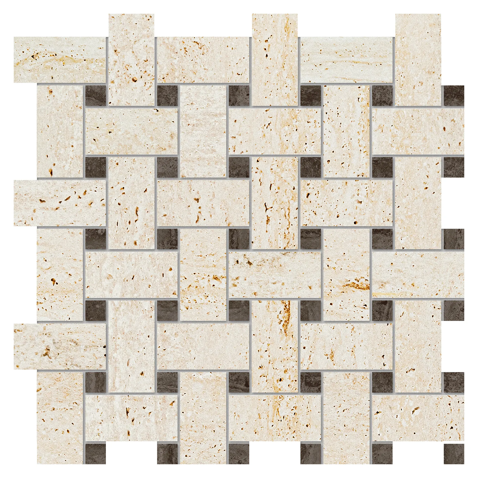 Tissue 13x13 Ivory Matte/Brown Glossy Travertine Look Ceramic Basketweave Mosaics