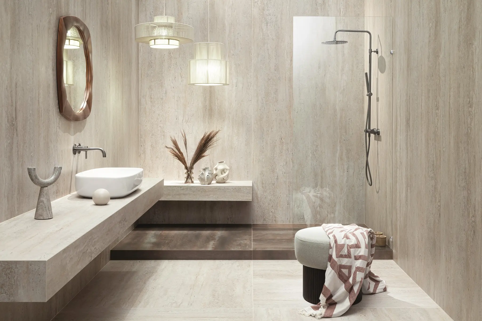 Travertino 13x13 Beige Matte/Brown Polished Travertine Look Porcelain Floor & Wall Baketweave Mosaics