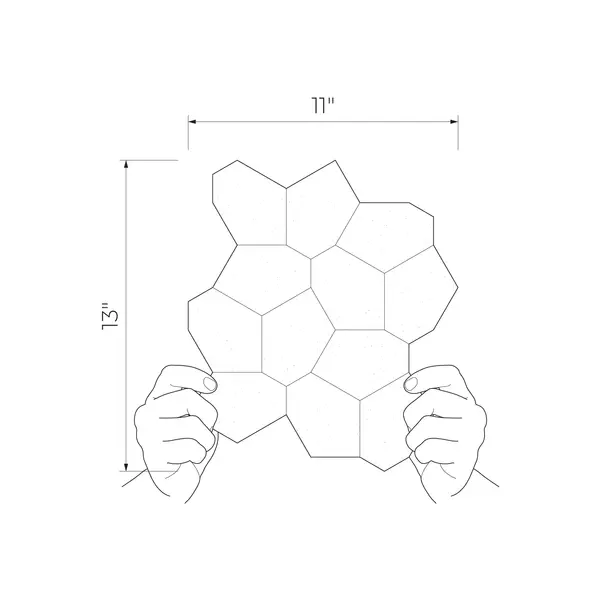 Onice Wood 11x13 Bianco Mini Matte Porcelain Wall Mosaics held by hands with 11x13 inch dimensions shown in line drawing.