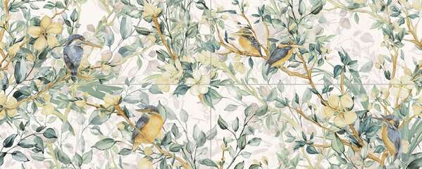 Perla Birds 24x60 Semi-Matte 4-Elements Ceramic Wall Décor Tile (Set of 4 tiles, 12x30 each)