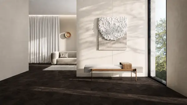 Slant Wood Brown 8x48 Matte Structure Porcelain Tile - Element B installed on a spacious floor with natural light and modern minimalist decor.