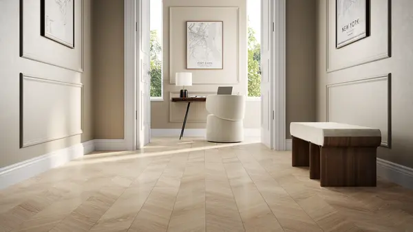 Slant Wood Ivory 8x48 Matte Structure Porcelain Tile - installed on a hallway floor with natural light and modern furniture.
