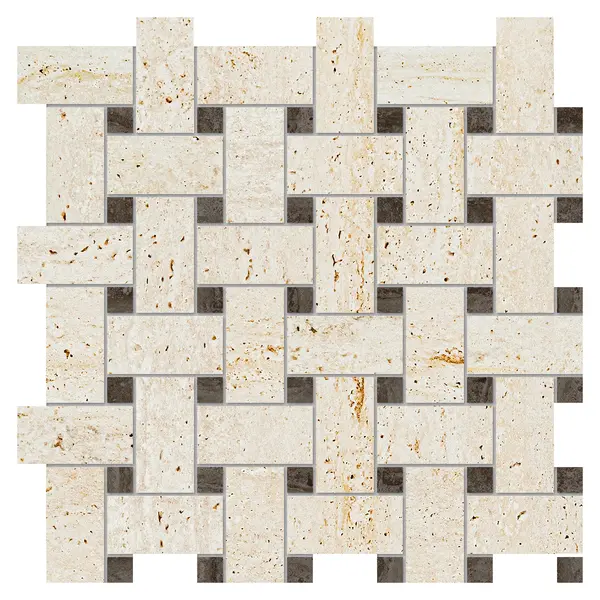 Tissue Sample - Tissue 13x13 Ivory Matte/Brown Glossy Travertine Look Ceramic Basketweave Mosaics