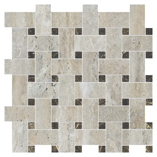 Travertino 13x13 Beige Matte/Brown Polished Travertine Look Porcelain Floor & Wall Baketweave Mosaics