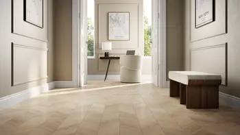 Slant Wood Ivory 8x48 Matte Structure Porcelain Tile - installed on a hallway floor with natural light and modern furniture.
